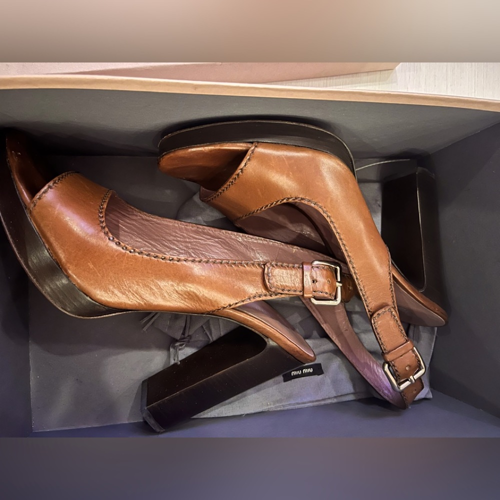 Miu Miu Platform Open Toe Slingback Brown Leather… - image 1
